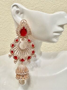 4” Rose Gold Plated CZ & Red Crystal Jhumka Style Earrings - High-End
